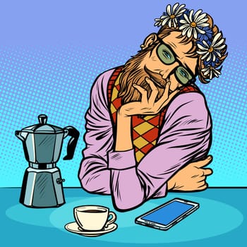 A romantic man in love, hipsters in flower wreath. Pop art retro vector illustration kitsch vintage
