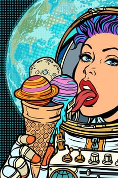 Woman astronaut. solar system, like ice cream. Humanity and cosmic dreams concept. Pop art retro vector illustration vintage kitsch