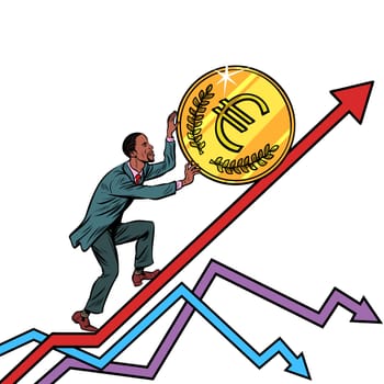 African American man roll a euro coin up. isolate on white background. Pop art retro vector illustration vintage kitsch