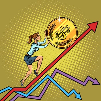 woman businesswoman roll a USA dollar coin up. Pop art retro vector illustration vintage kitsch