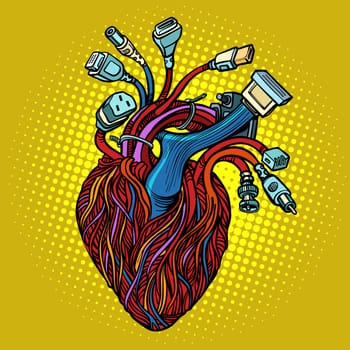 Cyber heart. Wires and cables. Pop art retro vector illustration vintage kitsch