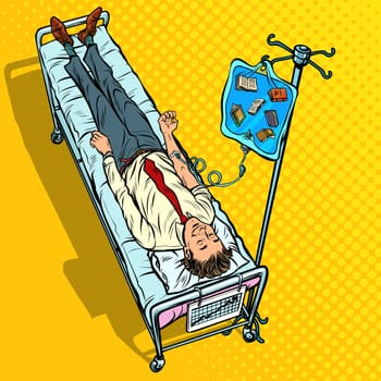 Books, science and knowledge. man under medical dropper. Pop art retro vector illustration vintage kitsch