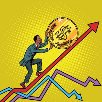 African American man roll a USA dollar coin up. Pop art retro vector illustration vintage kitsch
