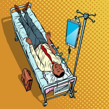 Dependency on gadgets concept. African man under medical dropper. Pop art retro vector illustration vintage kitsch