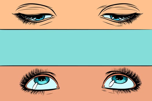 women eyes look up and down. Pop art retro vector illustration vintage kitsch