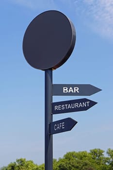 Black sign post for bar restaurant and cafe direction