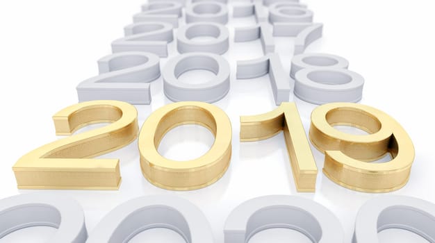 3D Gold Metal 2019 on White Background. Three-dimensional rendering. Focus on 2019 golden text.