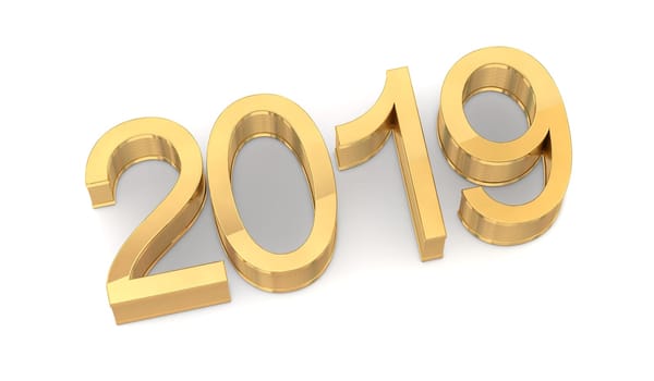 3D Golden 2019 on White Background. Three-dimensional rendering.