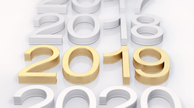 3D Gold Metal 2019 on white Background. Three-dimensional rendering. Focus on 2019 golden text.