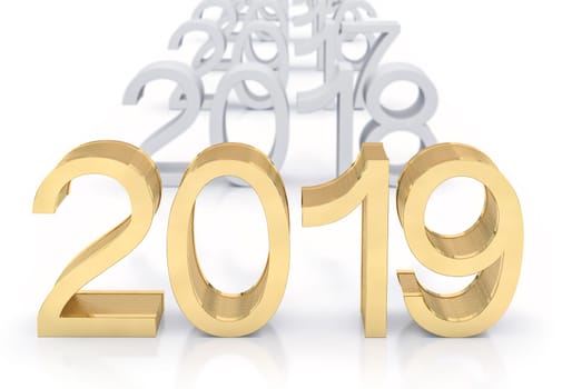 3D Gold Metal 2019 on white Background. Three-dimensional rendering. Focus on 2019 golden text.