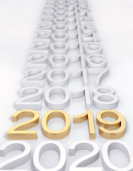 3D Golden 2019 on white background. Three-dimensional rendering. Focus on 2019 golden text.