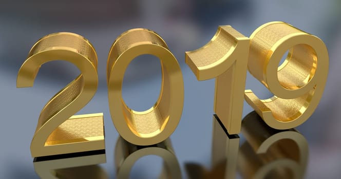 3D Gold Metal 2019 on Gray Background. Three-dimensional rendering.