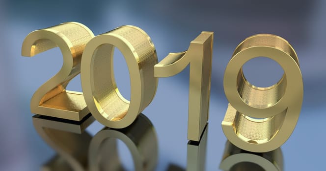 3D Gold Metal 2019 on Gray Background. Three-dimensional rendering.