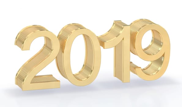 3D Gold Metal 2019 on White Background. Three-dimensional rendering.