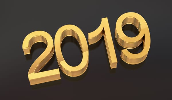 3D Gold Metal 2019 on Gray Background. Three-dimensional rendering.