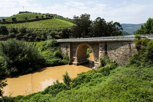 Travel along a narrow valley and scary road to a arrive at the bridge near the confluence of the River Torto and the Douro in the famous Port Wine Region, Portugal