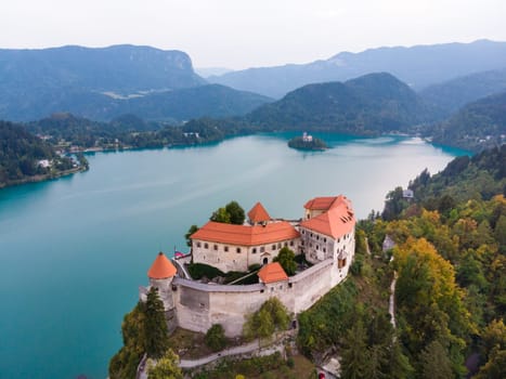 Aerial view of medieval castle by the lake Bled in Slovenia. Beautiful nature of Slovenia.
