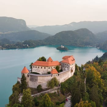 Aerial view of medieval castle by the lake Bled in Slovenia. Beautiful nature of Slovenia.