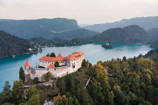 Aerial view of medieval castle by the lake Bled in Slovenia. Beautiful nature of Slovenia.