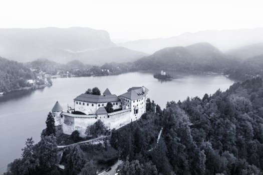 Aerial view of medieval castle by the lake Bled in Slovenia. Beautiful nature of Slovenia.