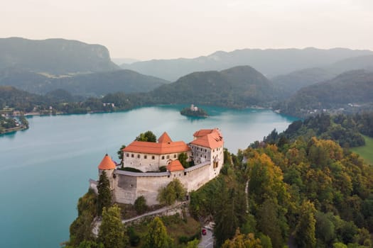 Aerial view of medieval castle by the lake Bled in Slovenia. Beautiful nature of Slovenia.