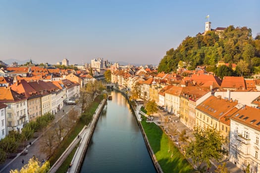 Aerial panoramic view of Ljubljana, capital of Slovenia in warm afternoon sun.