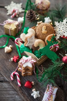 Variety of Christmas cookies and festive holidays decorations