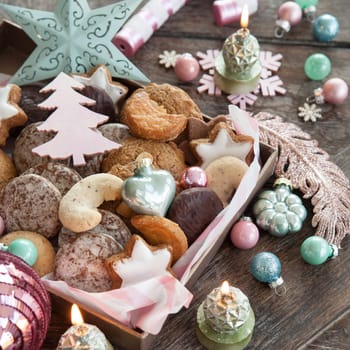 Variety of Christmas cookies and festive holidays decorations