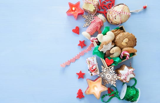 Variety of Christmas cookies and festive holidays decorations