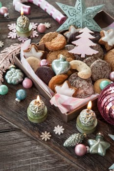 Variety of Christmas cookies and festive holidays decorations