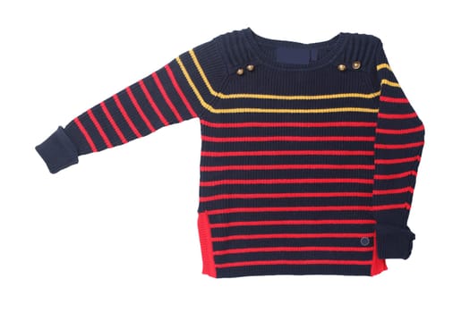 Autumn and winter children clothes. A red black striped cozy warm sweater or pullover isolated on a white background. Autumn fashion.