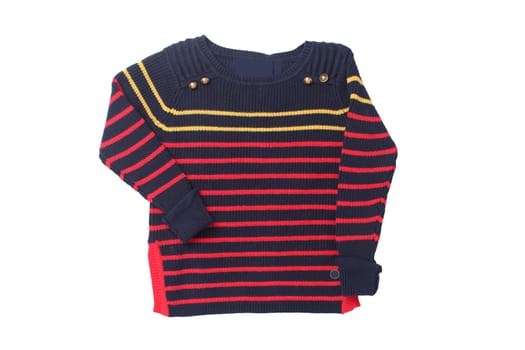 Autumn and winter children clothes. A red black striped cozy warm sweater or pullover isolated on a white background. Autumn fashion.
