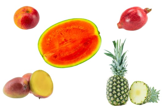 Fruits collection. Set of tropical fruits and one apple isolated on a white background. Concept health.