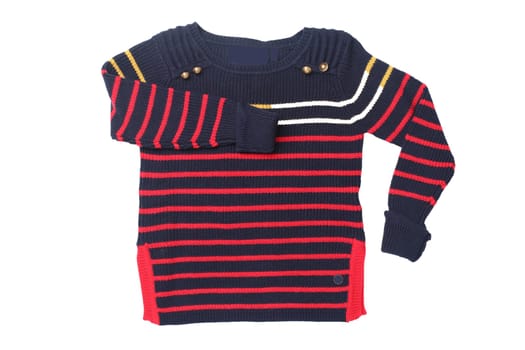 Autumn and winter children clothes. A red black striped cozy warm sweater or pullover isolated on a white background. Autumn fashion.