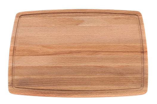 Cutting board of dark wood with blood flow on a white background.