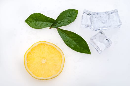Round slice of bright, fresh, juicy lemon and few green leaves and ice cubes on a white background. isolated.