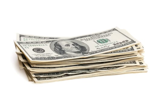 A stack of one hundred dollar bills on a white background.