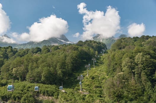 Mountain landscape against a background of blue sky and beautiful clouds. Pendant road.
