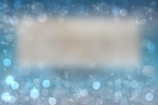 Happy New year texture. Abstract blurred blue background with bright brown frame. Space for design.