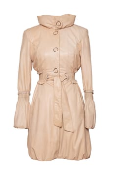 Leather coat. Luxurious elegant bright female leather coat isolated on a white background. Fashionable stylish new collection of woman clothes.