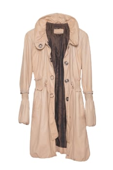 Leather coat. Luxurious elegant bright female leather coat isolated on a white background. Fashionable stylish new collection of woman clothes.