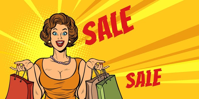 joyful woman shopping on sale. Pop art retro vector illustration vintage kitsch