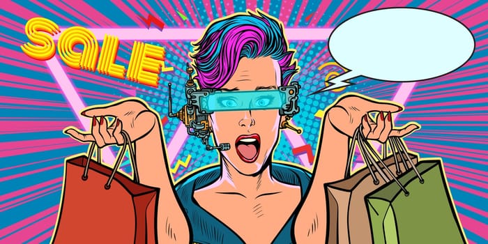 woman online shopping on sale. Pop art retro vector illustration vintage kitsch
