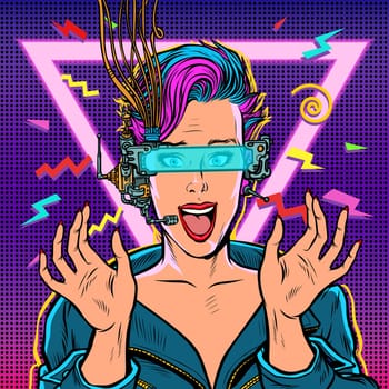 joyful woman in VR glasses. Pop art retro vector illustration vintage kitsch