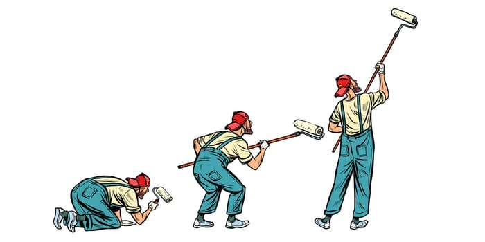The house painter paints the wall. Three poses set. Isolate on white background. Pop art retro vector illustration vintage kitsch