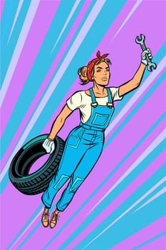 woman mechanic tire flying superhero help. Pop art retro vector illustration vintage kitsch