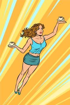 waitress carries coffee flying superhero help. Pop art retro vector illustration vintage kitsch