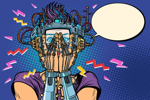 surprised cyborg woman in VR glasses. Pop art retro vector illustration vintage kitsch