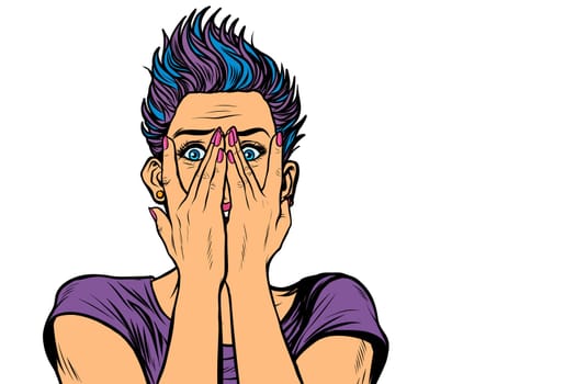 surprised woman covered her face with hands. Pop art retro vector illustration vintage kitsch
