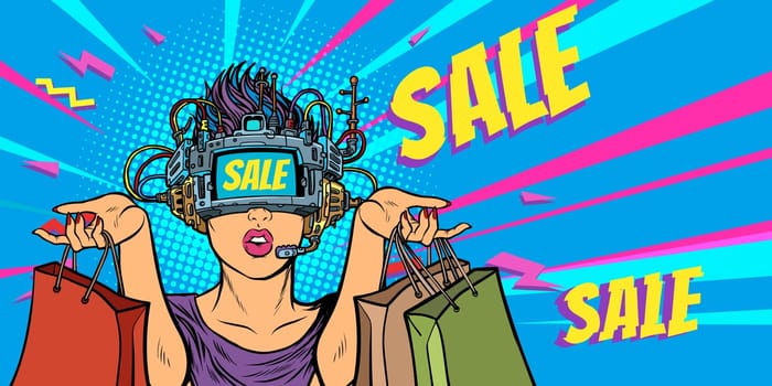 woman shopping on sale. virtual reality. Pop art retro vector illustration vintage kitsch